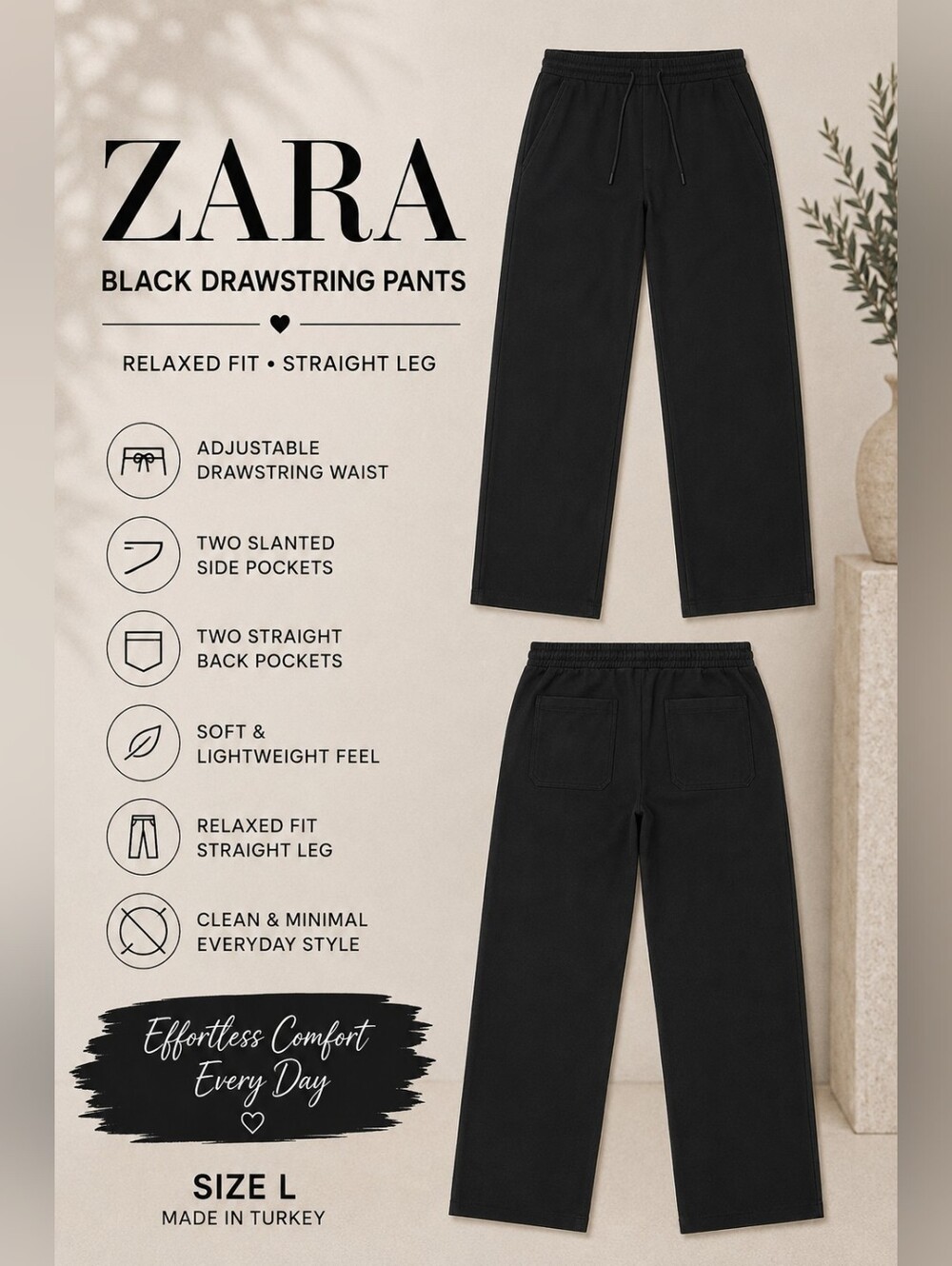 Zara Black Drawstring Pants Size L Relaxed Straight Leg 4 Pockets Pull On